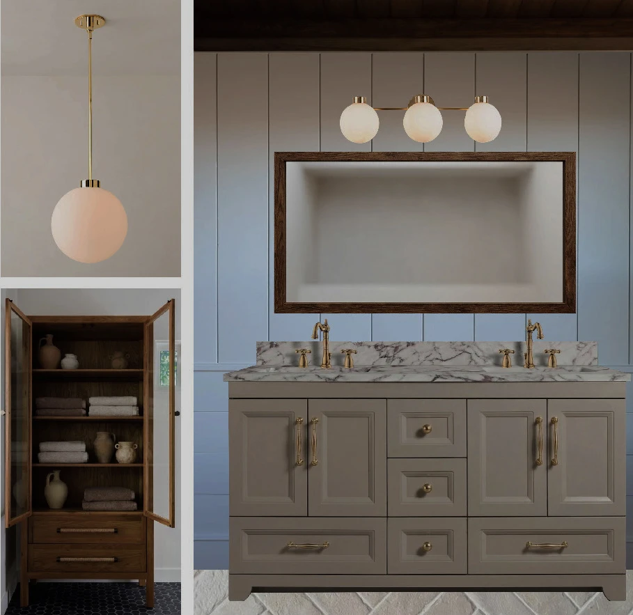 Elevated bathroom mood board with warm wood vanity, marble surfaces, globe lighting, and tailored storage